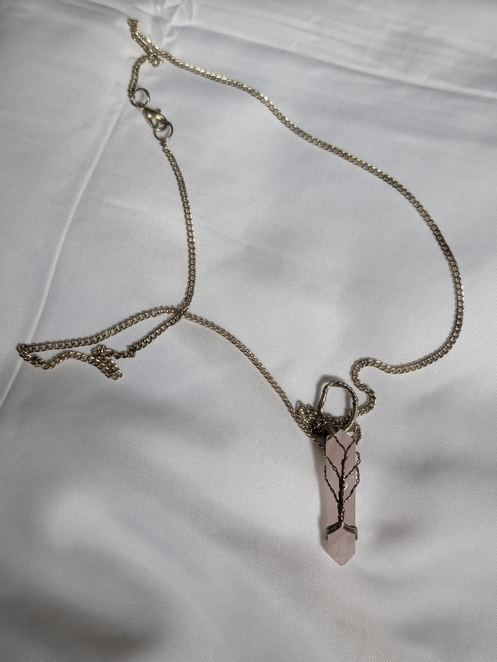 Rose Quartz Crystal Point Tree of Life Pendant Necklace